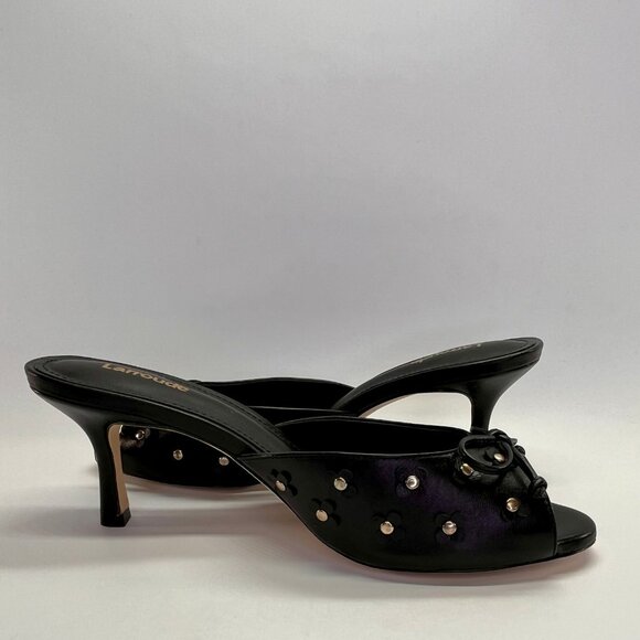 Larroude Jasmine Black Studded Leather Mule Size 8 Peep Toe Heel Slip-On - Picture 12 of 16